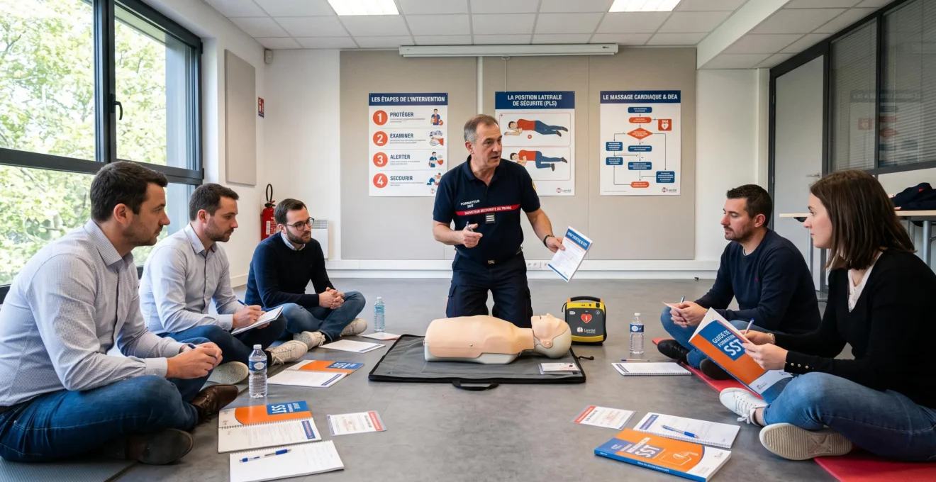 Formateur SST démontrant des gestes de secours à des stagiaires autour d'un mannequin de formation, avec manuels et supports pédagogiques visibles dans une salle de formation