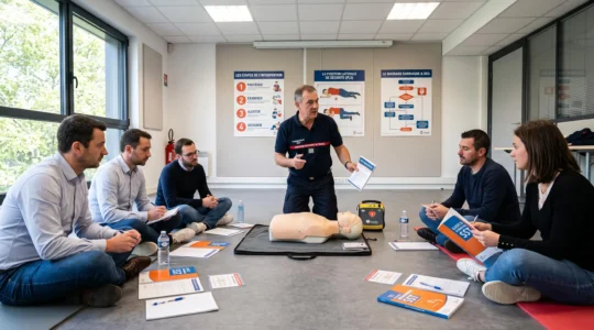 Formateur SST démontrant des gestes de secours à des stagiaires autour d'un mannequin de formation, avec manuels et supports pédagogiques visibles dans une salle de formation
