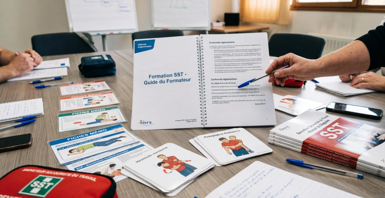 Manuels de formation SST, fiches techniques et documents pédagogiques officiels disposés sur une table de formation avec référentiels INRS visibles