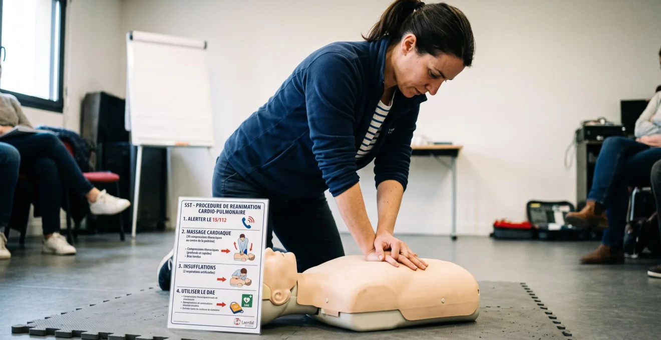 Stagiaire pratiquant le massage cardiaque sur un mannequin de formation SST avec une fiche d'instruction technique visible à proximité