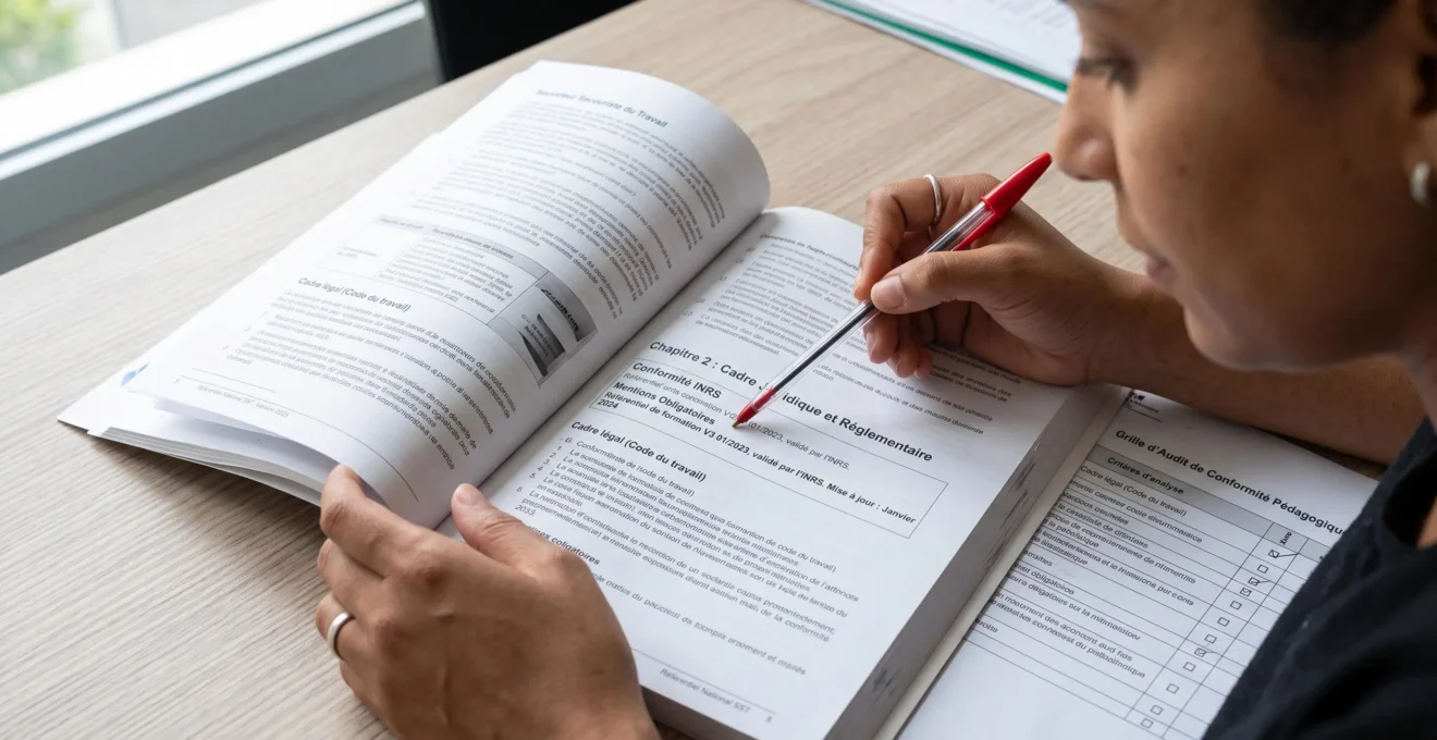 Mains vérifiant les mentions de conformité réglementaire dans un manuel de formation SST ouvert, avec stylo pointant les références normatives et dates de mise à jour