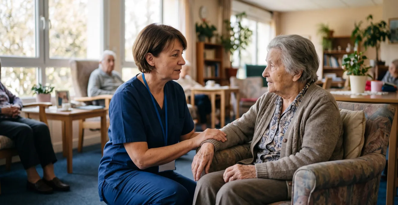 Une aide-soignante en blouse bleue accompagne une résidente âgée assise dans un fauteuil, dans le salon lumineux d'un établissement médico-social.