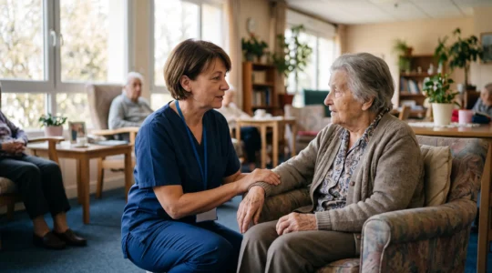 Une aide-soignante en blouse bleue accompagne une résidente âgée assise dans un fauteuil, dans le salon lumineux d'un établissement médico-social.