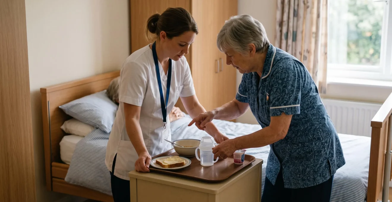 Une adulte en blouse blanche apprend auprès d'une professionnelle expérimentée à préparer un plateau-repas dans la chambre d'une résidente.