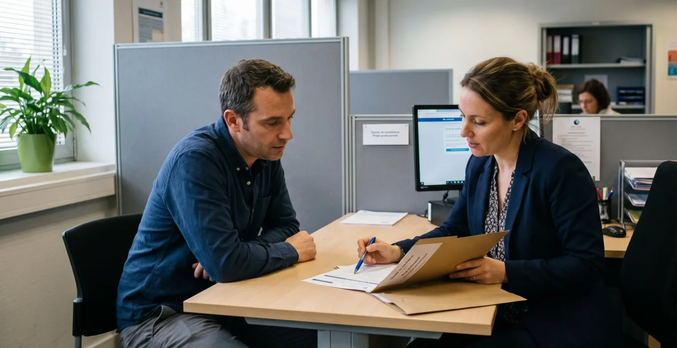 Un conseiller explique un document à un homme en reconversion assis en face de lui, dans un bureau d'accompagnement à l'emploi.