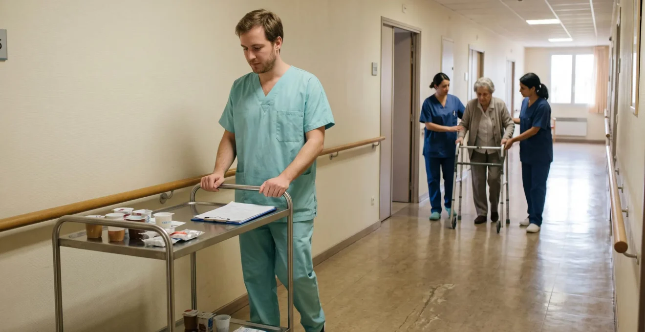 Un infirmier pousse un chariot de soins dans le couloir d'un établissement pour personnes âgées, tandis que des aides-soignantes accompagnent une résidente avec un déambulateur.
